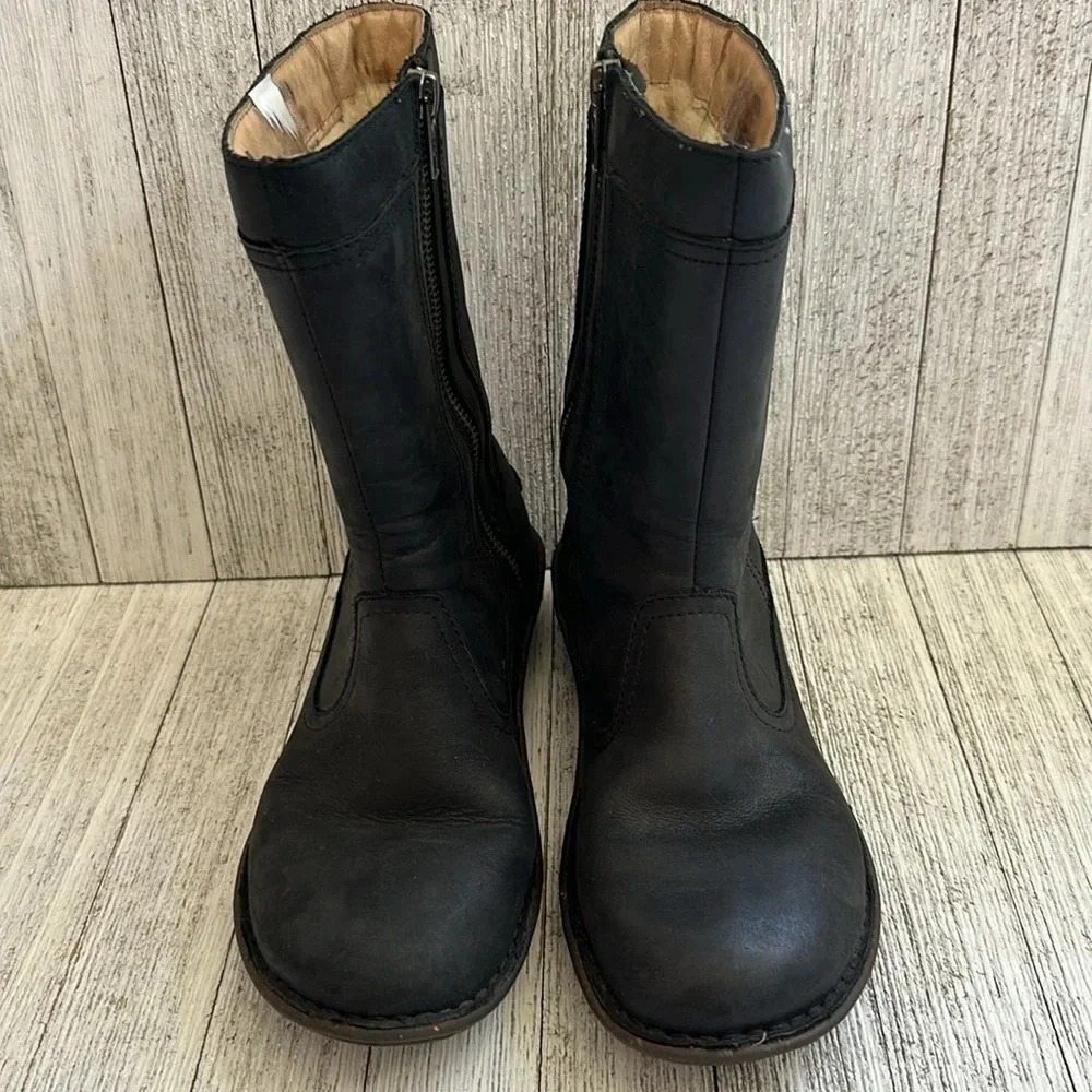 UGG Black Leather Mid Calf Wool Lined Side Zip Braid Detail Kaleen Boots